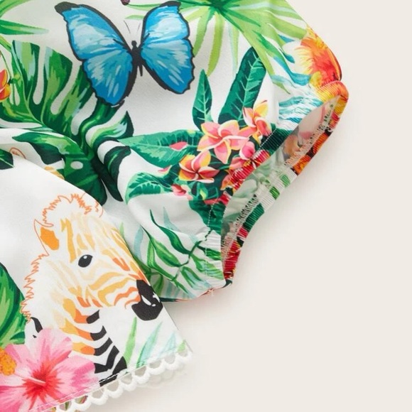 Shein XS tropical print puff sleeve tie back top and shirred ruffle hem skirt. - Picture 3 of 4